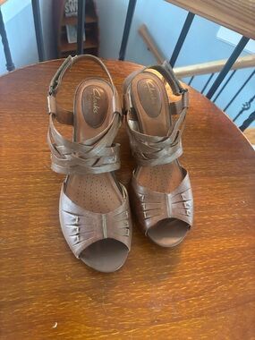 Clarks Brown Leather Strappy Espadrille Wedge Sandals